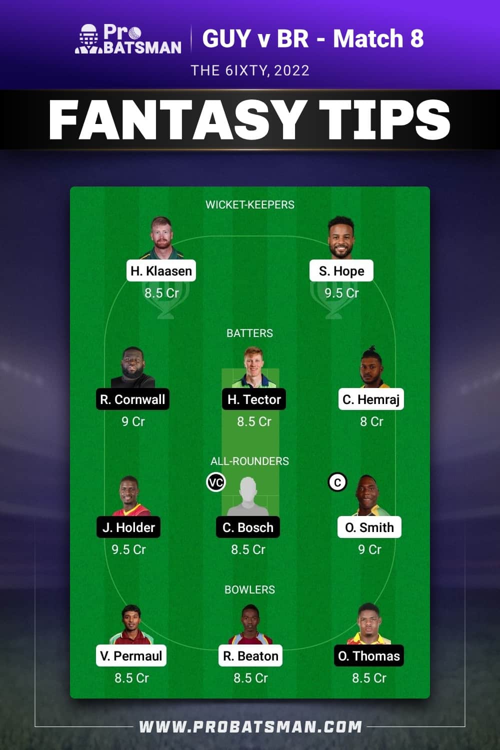 GUY vs BR Dream11 Prediction - Fantasy Team 1