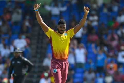 Obed McCoy of West Indies Cricket Team, celebrates taking 6 wickets for 17 runs during the second T20I match against India