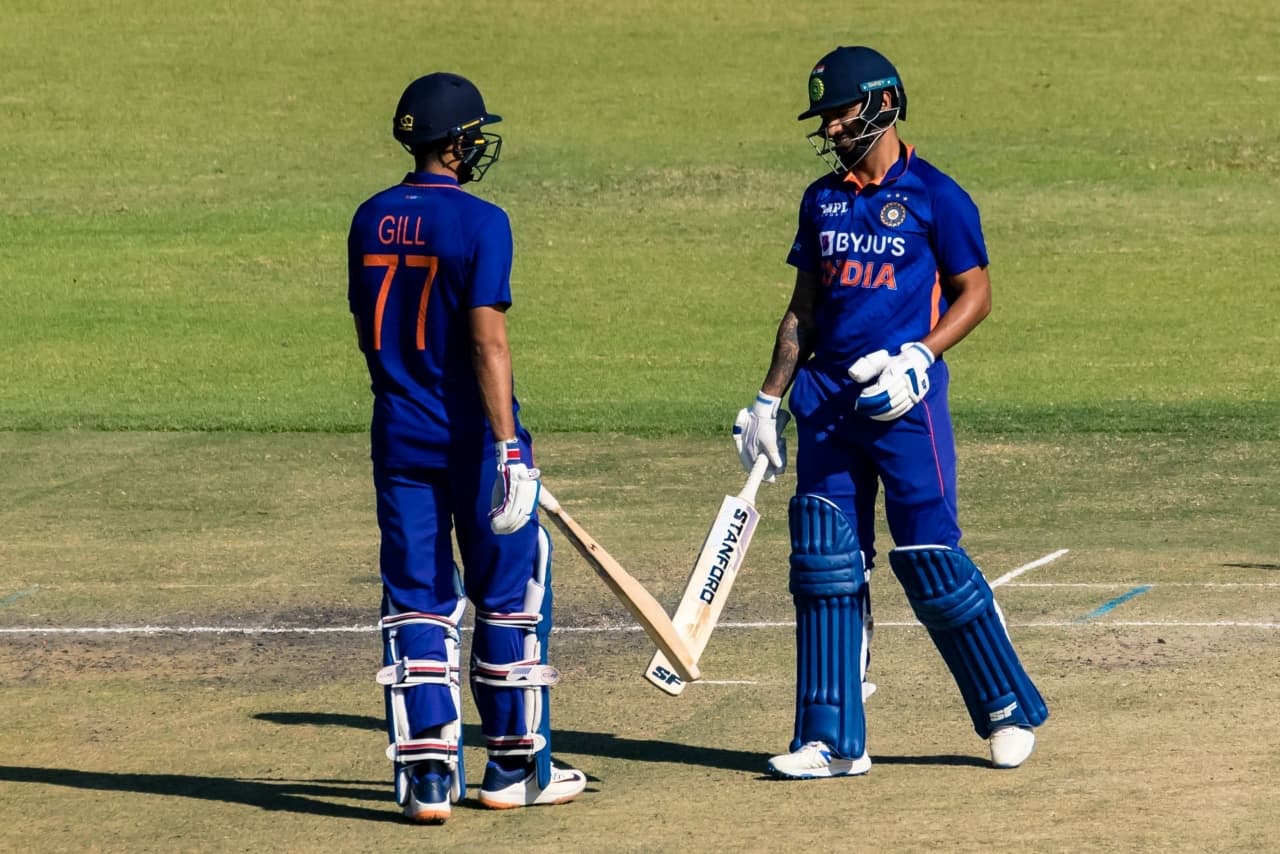 Shikhar Dhawan and Shubam Gill talk between overs during the first ODI match between Zimbabwe & India at the Harare Sports Club in Harare