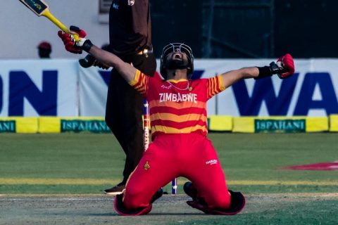 Sikandar Raza celebrates Zimbabwe's victory during the 2nd ODI match between Zimbabwe & Bangladesh