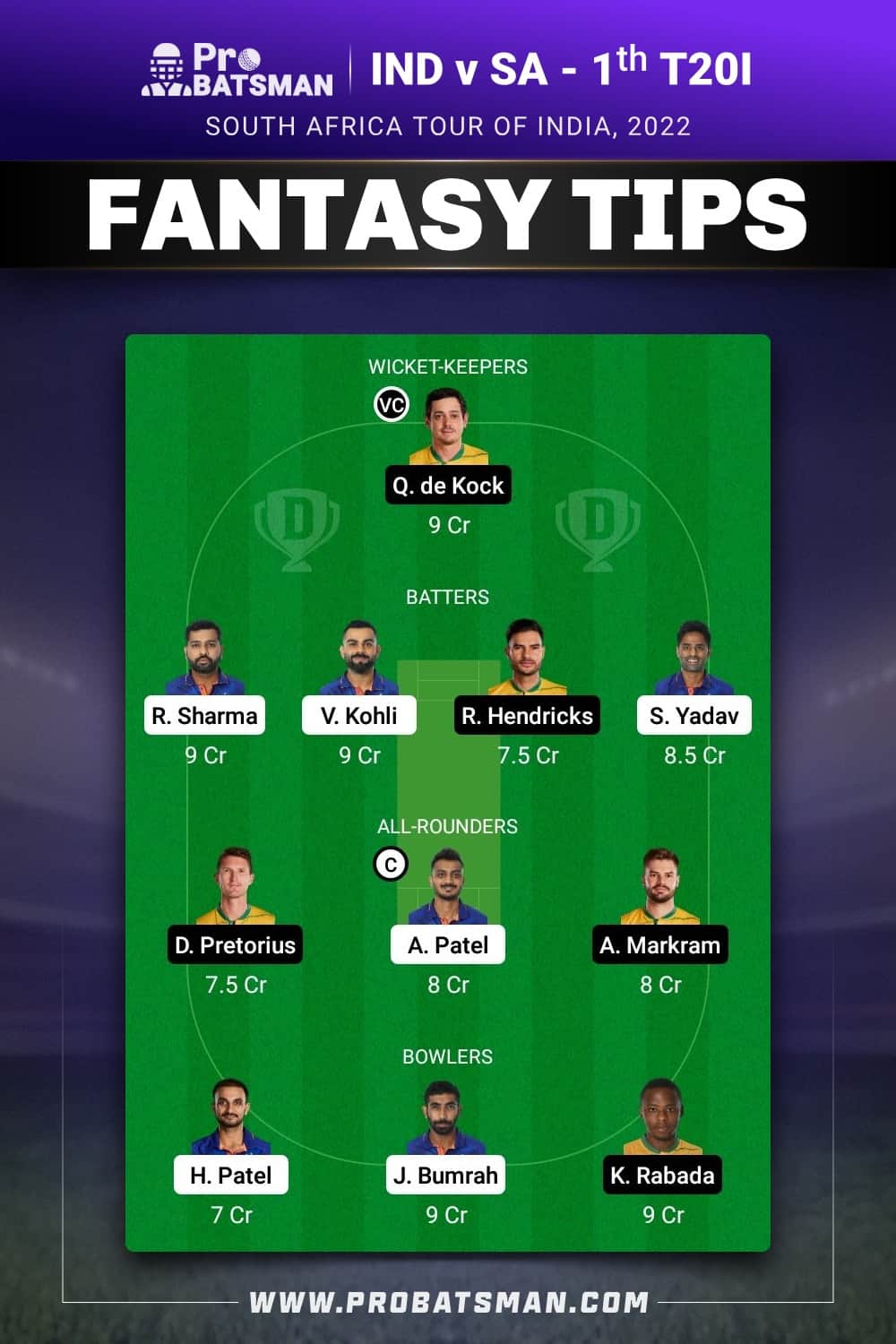 IND vs SA Dream11 Prediction - Fantasy Team 1