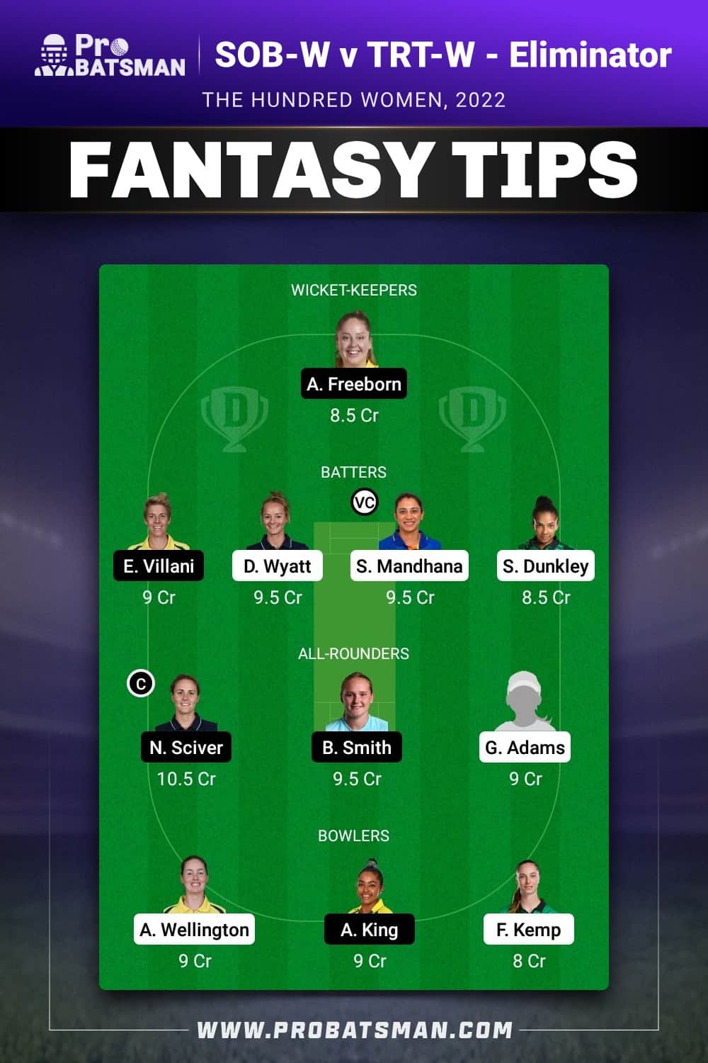 SOB-W vs TRT-W Dream11 Prediction - Fantasy Team 1