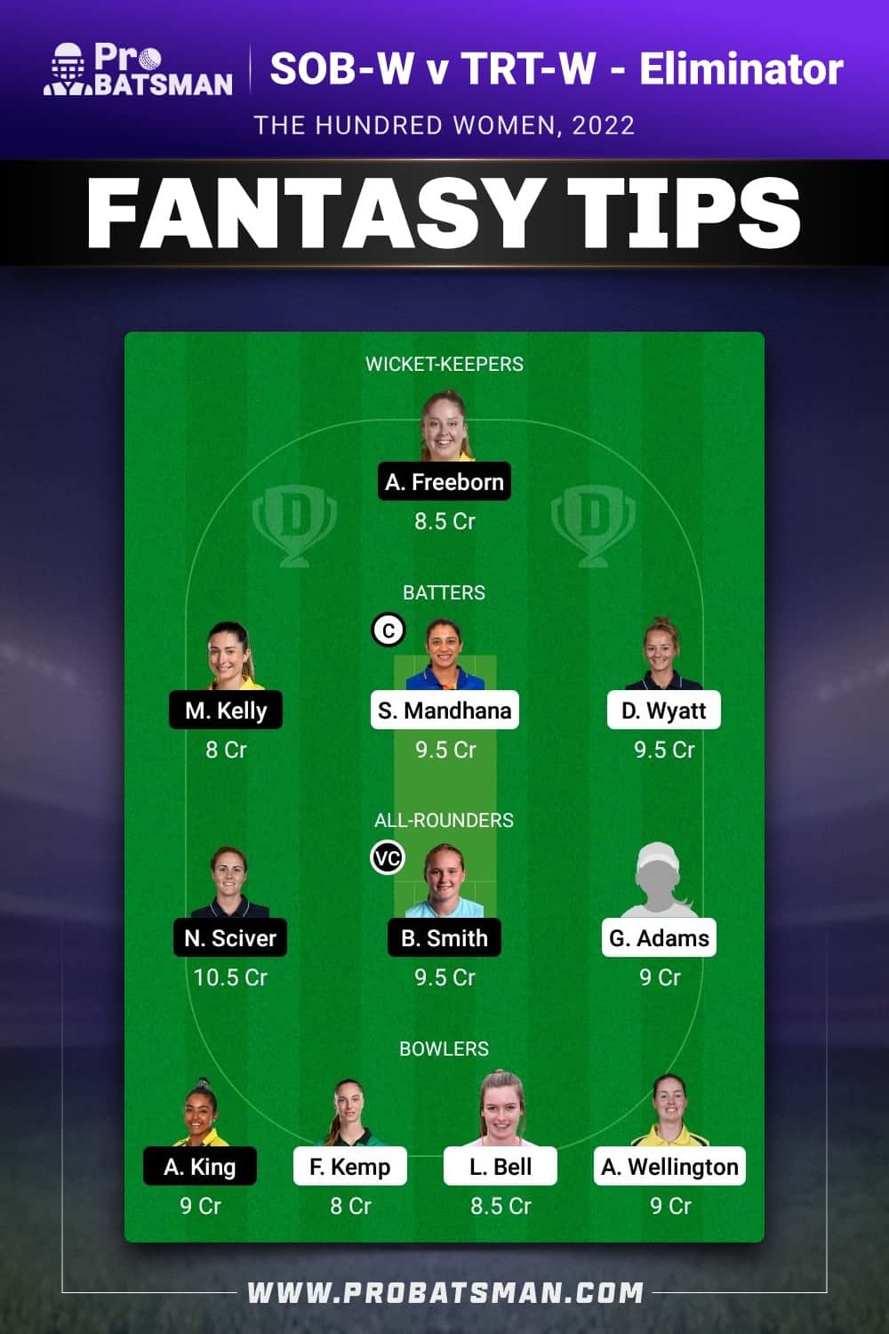 SOB-W vs TRT-W Dream11 Prediction - Fantasy Team 2