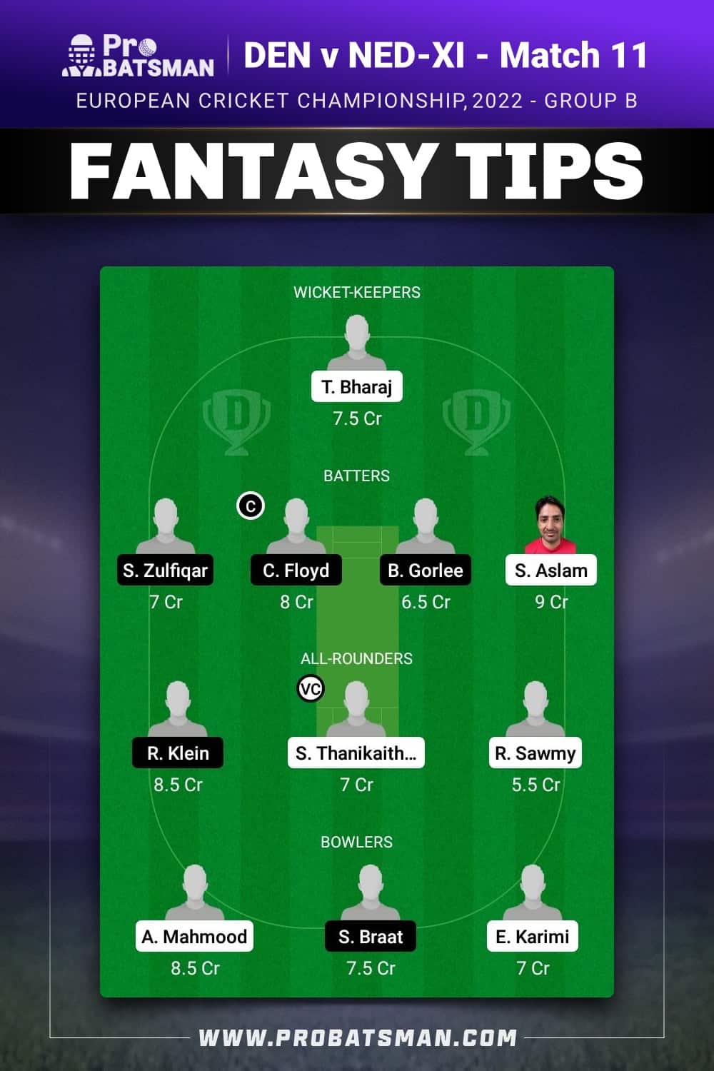 DEN vs NED-XI Dream11 Prediction - Fantasy Team 1