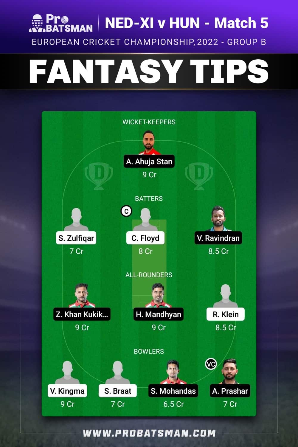 NED-XI vs HUN Dream11 Prediction - Fantasy Team 2