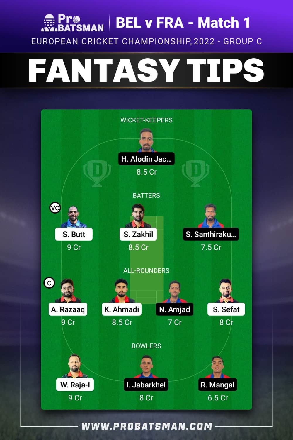 BEL vs FRA Dream11 Prediction - Fantasy Team 1