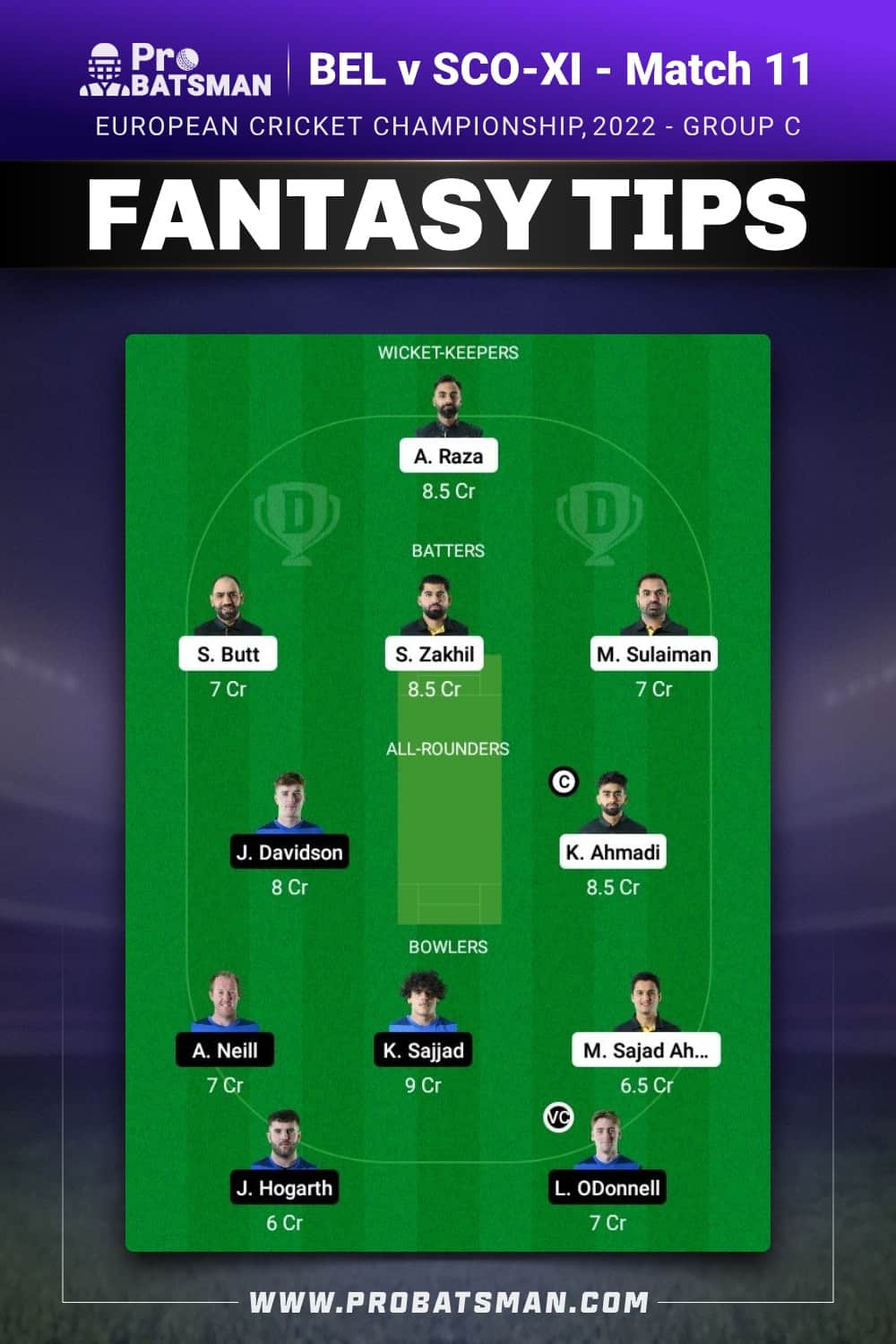 BEL vs SCO-XI Dream11 Prediction - Fantasy Team 2