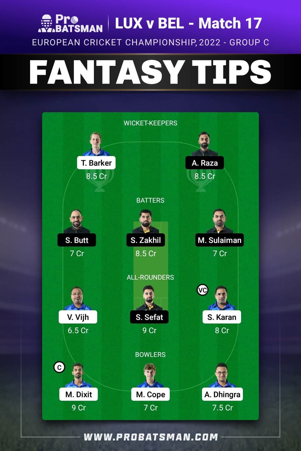 LUX vs BEL Dream11 Prediction - Fantasy Team 2