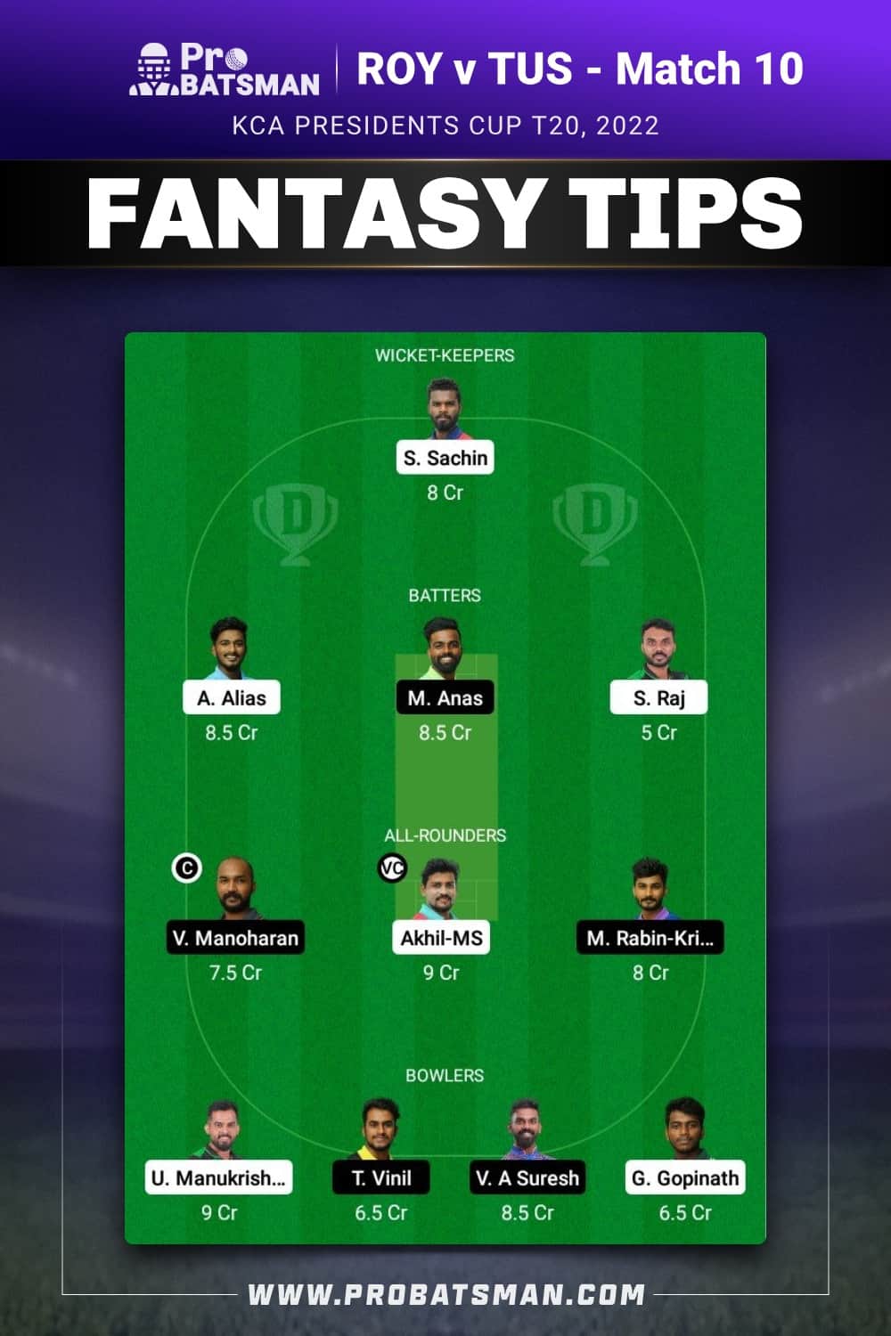 ROY vs TUS Dream11 Prediction - Fantasy Team 1