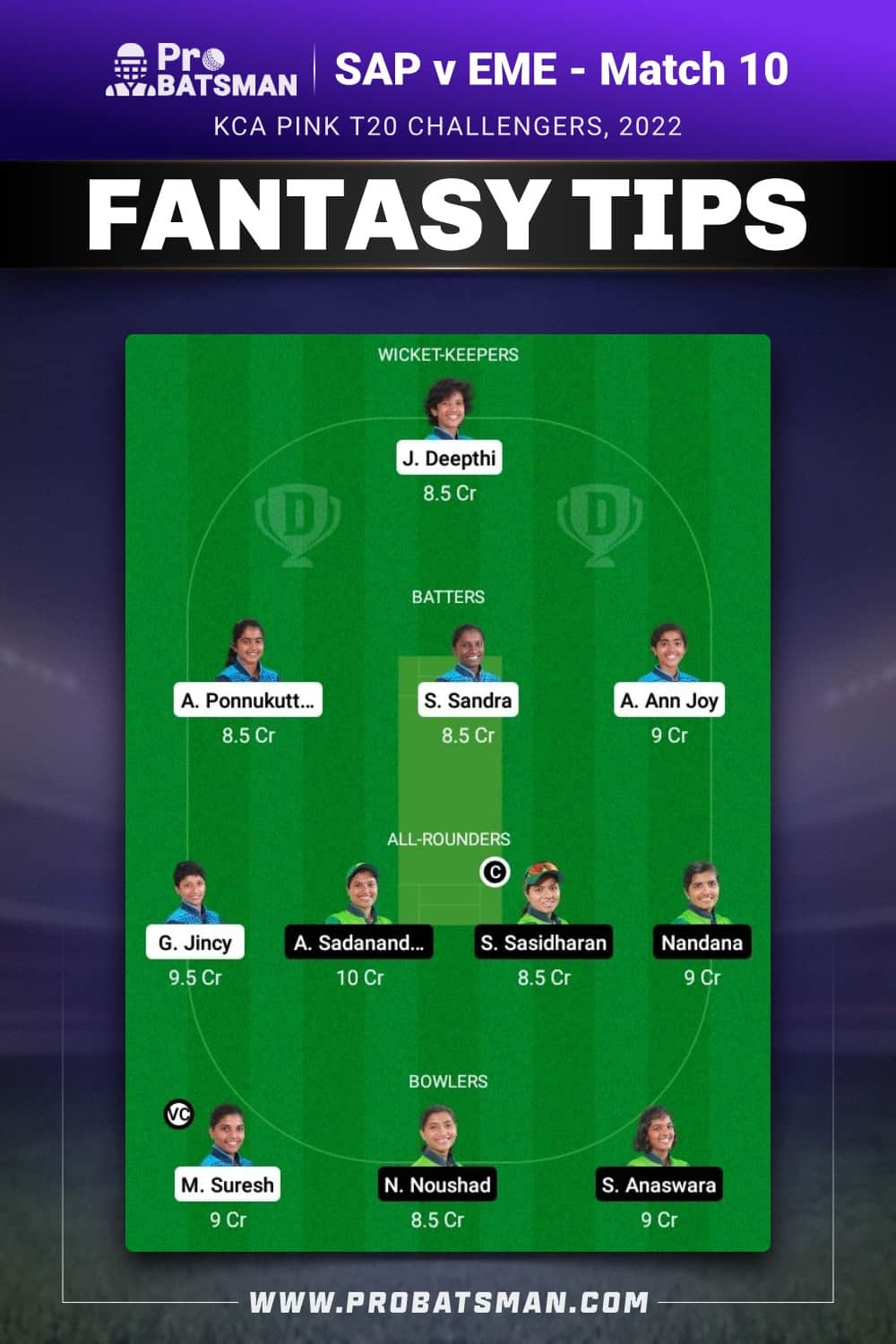 SAP vs EME Dream11 Prediction - Fantasy Team 1