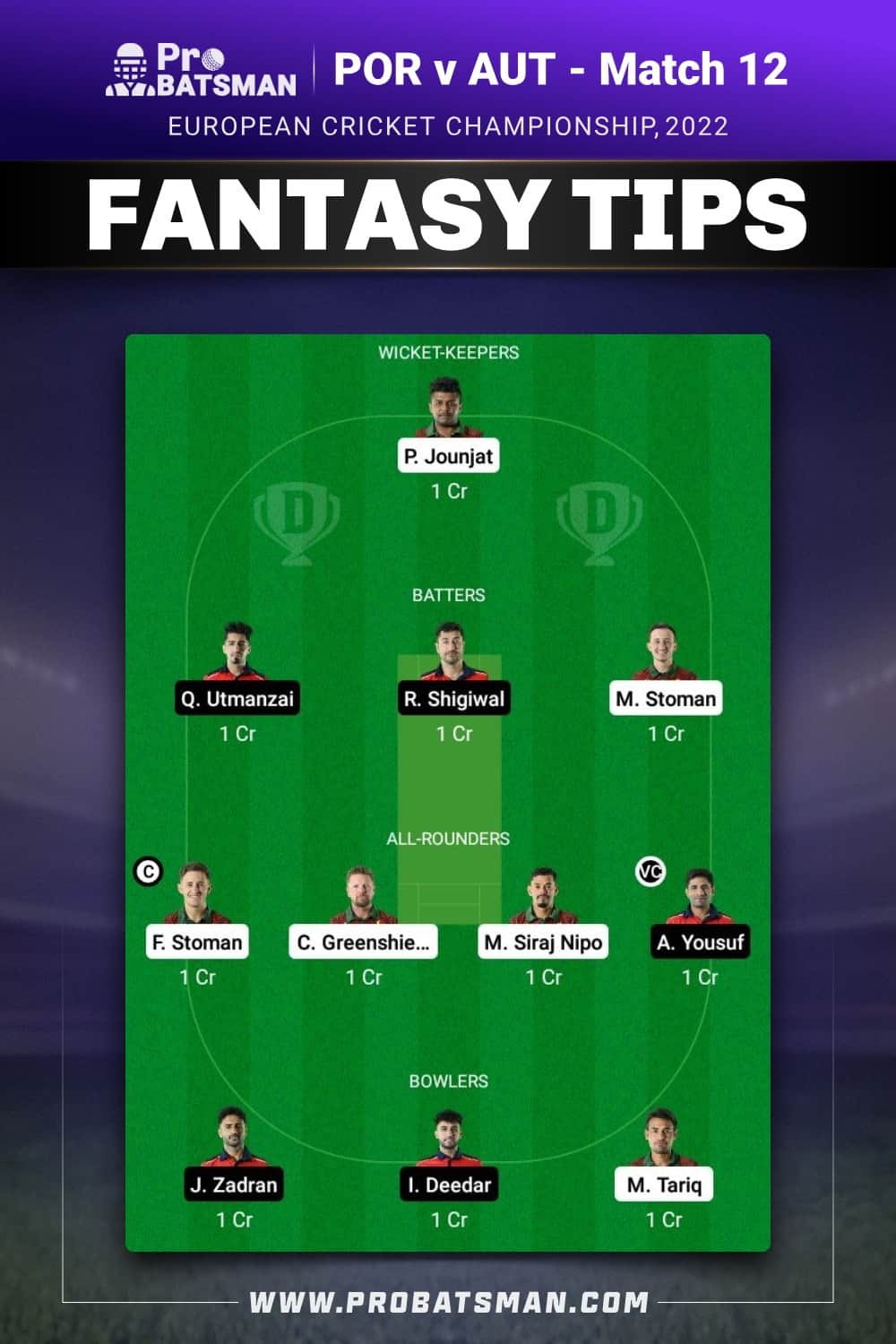 POR vs AUT Dream11 Prediction - Fantasy Team 1