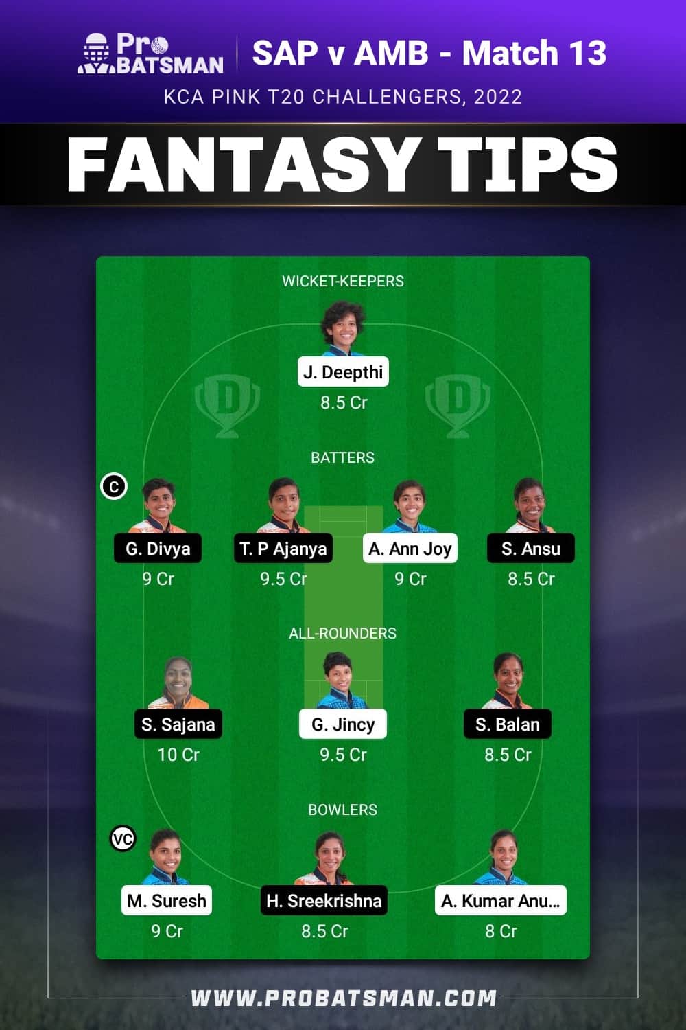 SAP vs AMB Dream11 Prediction - Fantasy Team 1