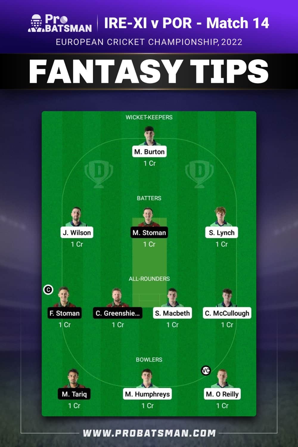 IRE-XI vs POR Dream11 Prediction - Fantasy Team 1 IRE-XI vs POR Dream11 Prediction - Fantasy Team 1
