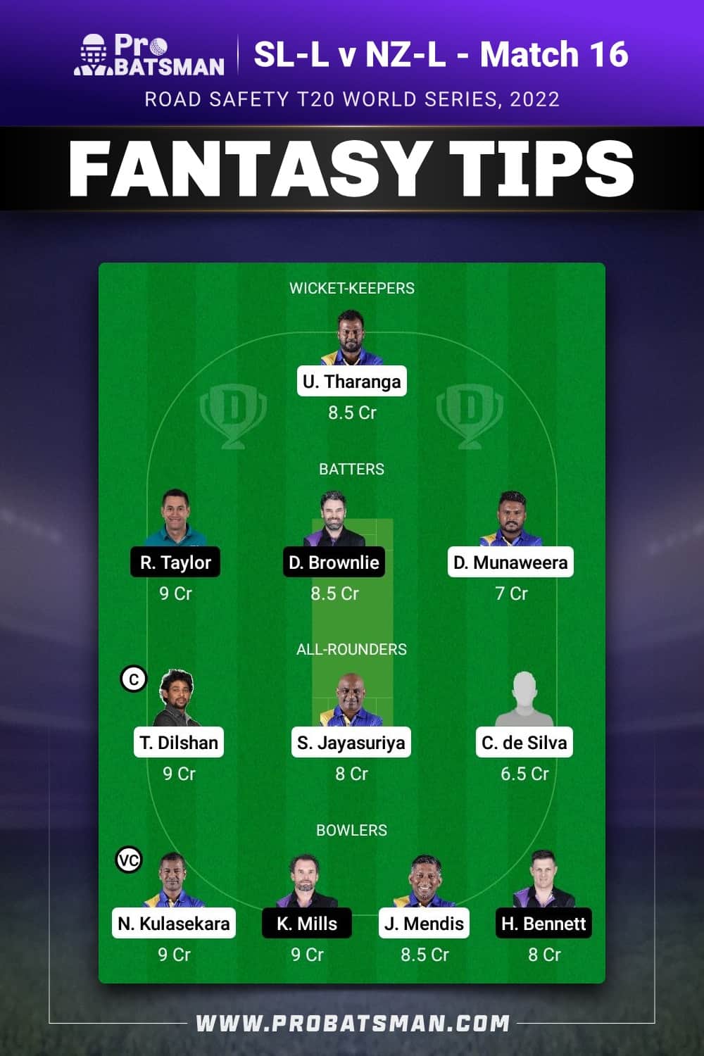 SL-L vs NZ-L Dream11 Prediction - Fantasy Team 1