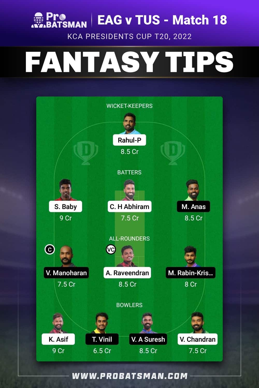 EAG vs TUS Dream11 Prediction - Fantasy Team 1