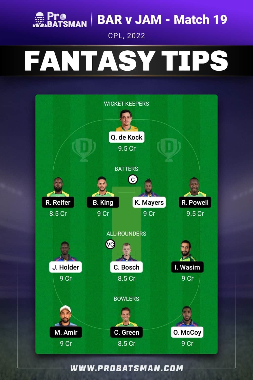 BAR vs JAM Dream11 Prediction - Fantasy Team 1