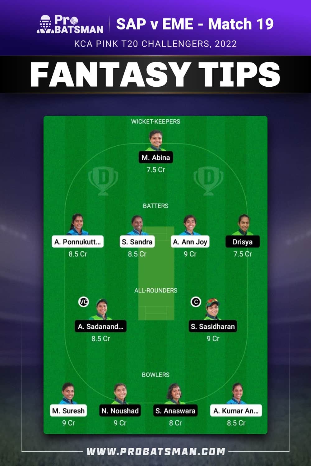 SAP vs EME Dream11 Prediction - Fantasy Team 1