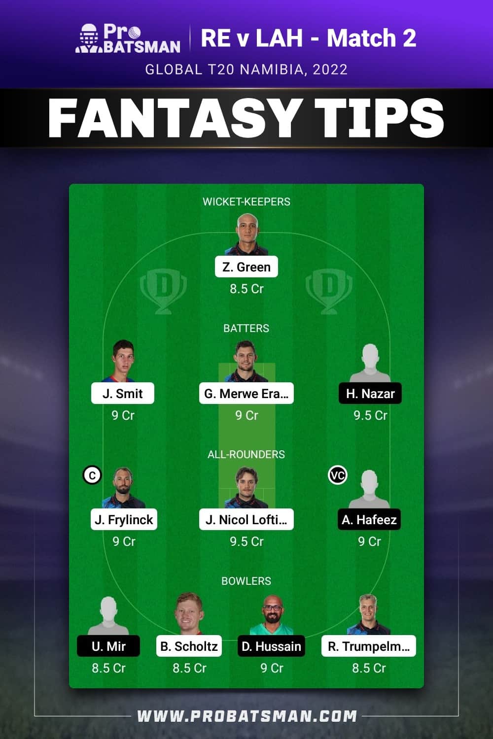 RE vs LAH Dream11 Prediction - Fantasy Team 1