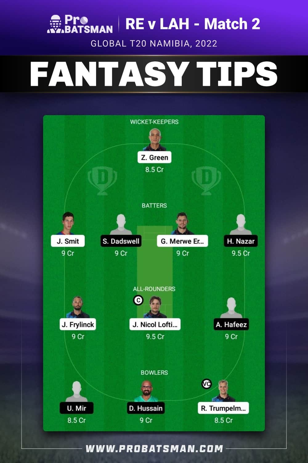 RE vs LAH Dream11 Prediction - Fantasy Team 2