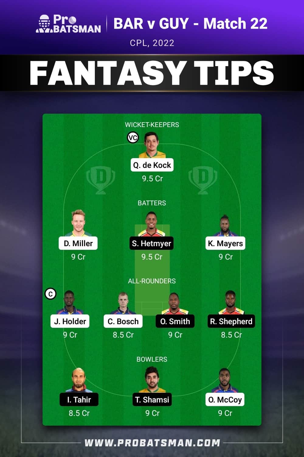 BAR vs GUY Dream11 Prediction - Fantasy Team 2