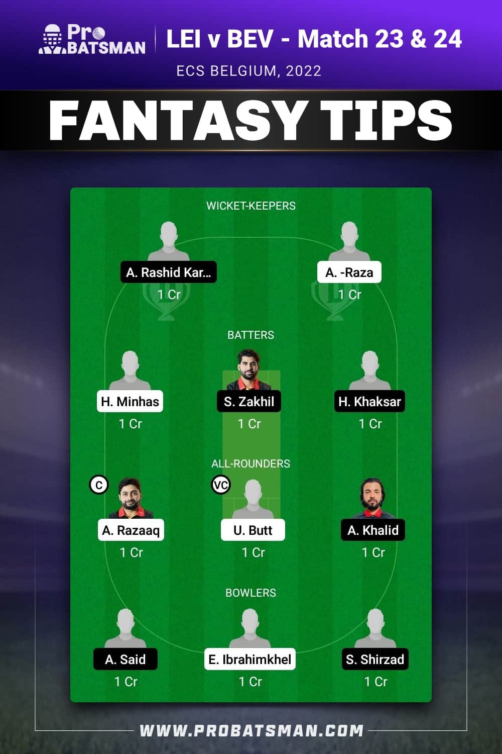 LIE vs BEV Dream11 Prediction - Fantasy Team 1