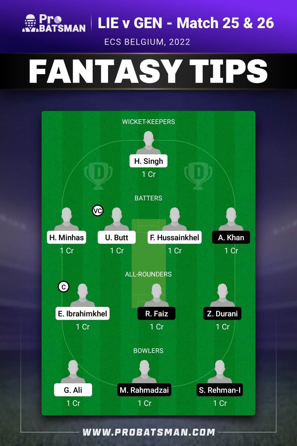 LIE vs GEN Dream11 Prediction - Fantasy Team 1