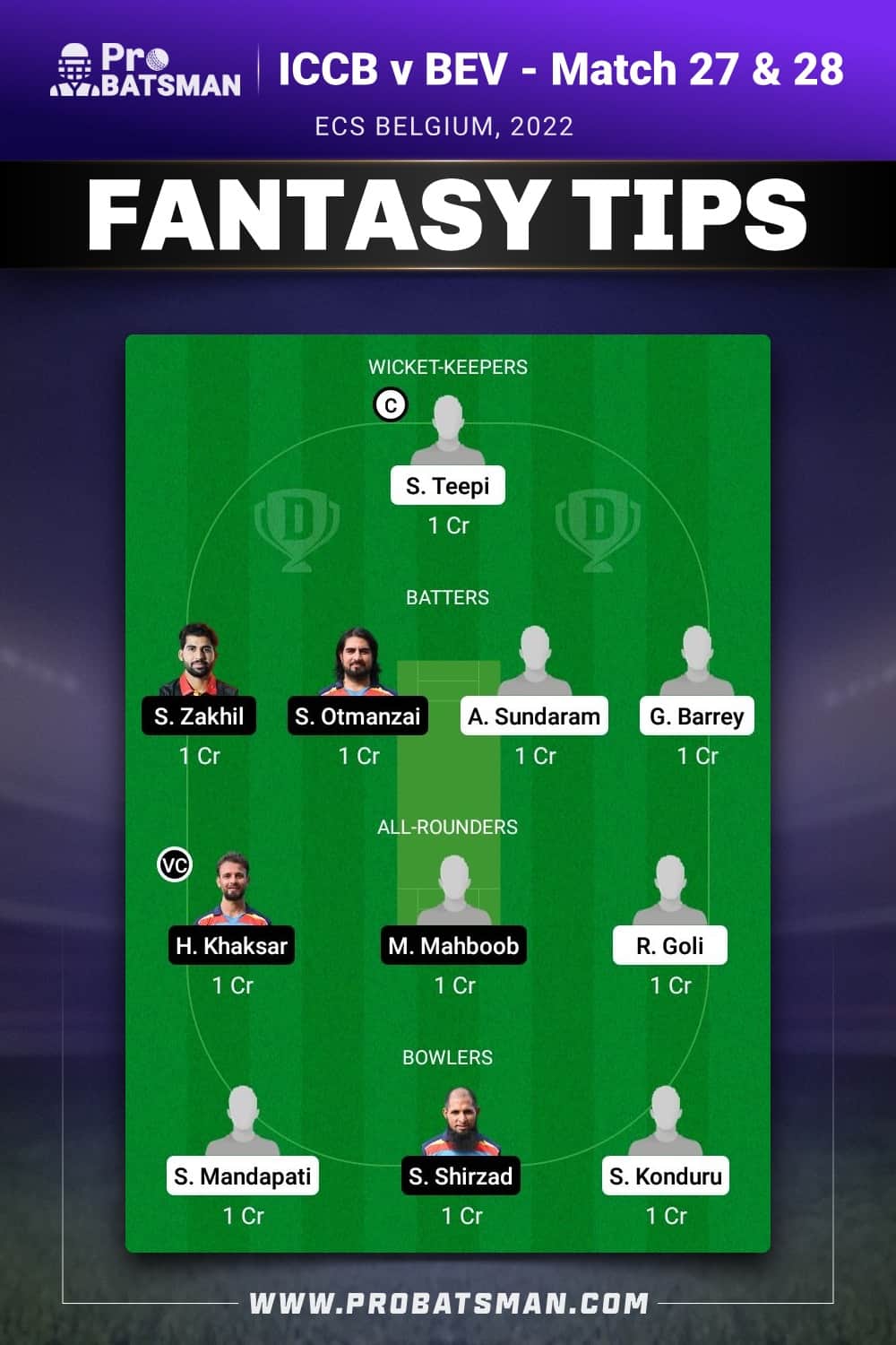 ICCB vs BEV Dream11 Prediction - Fantasy Team 1