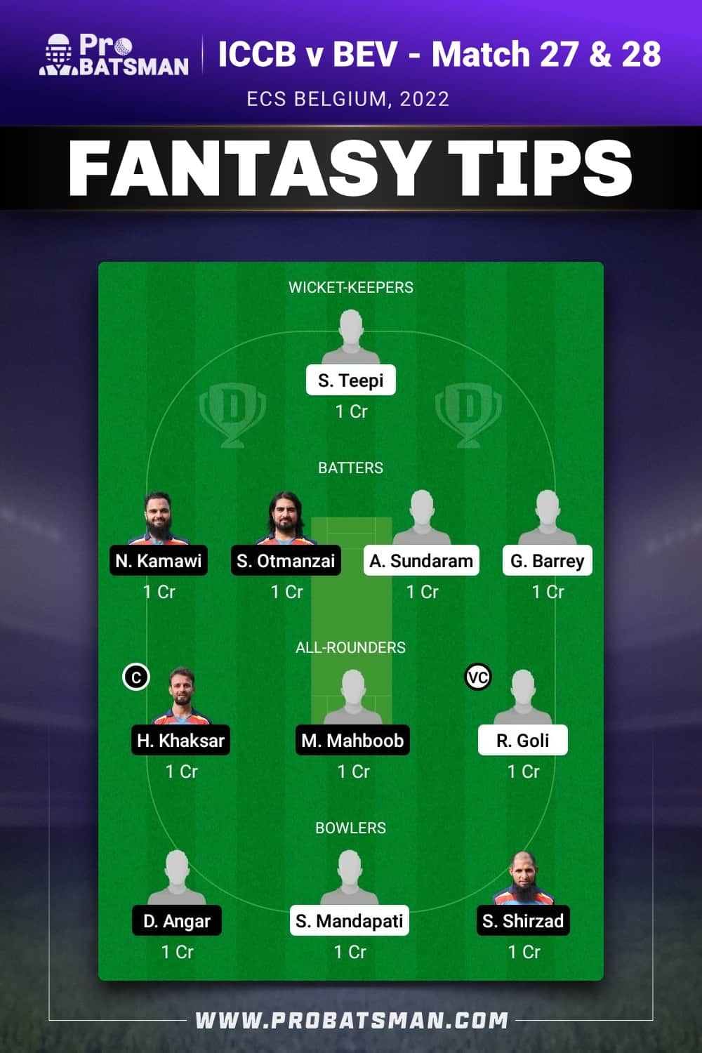 ICCB vs BEV Dream11 Prediction - Fantasy Team 2