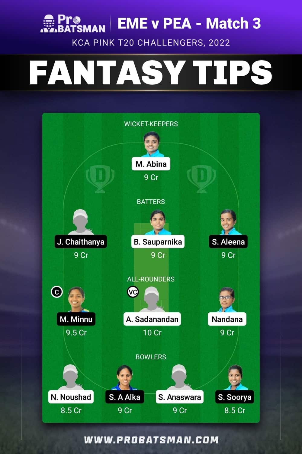 EME vs PEA Dream11 Prediction - Fantasy Team 1