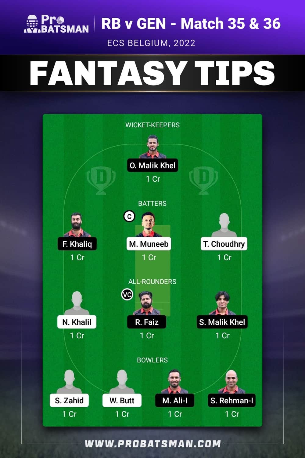 RB vs GEN Dream11 Prediction - Fantasy Team 1