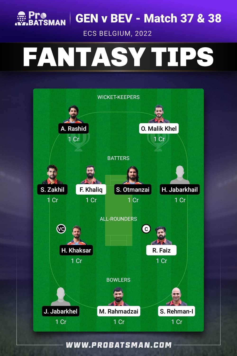 GEN vs BEV Dream11 Prediction - Fantasy Team 1