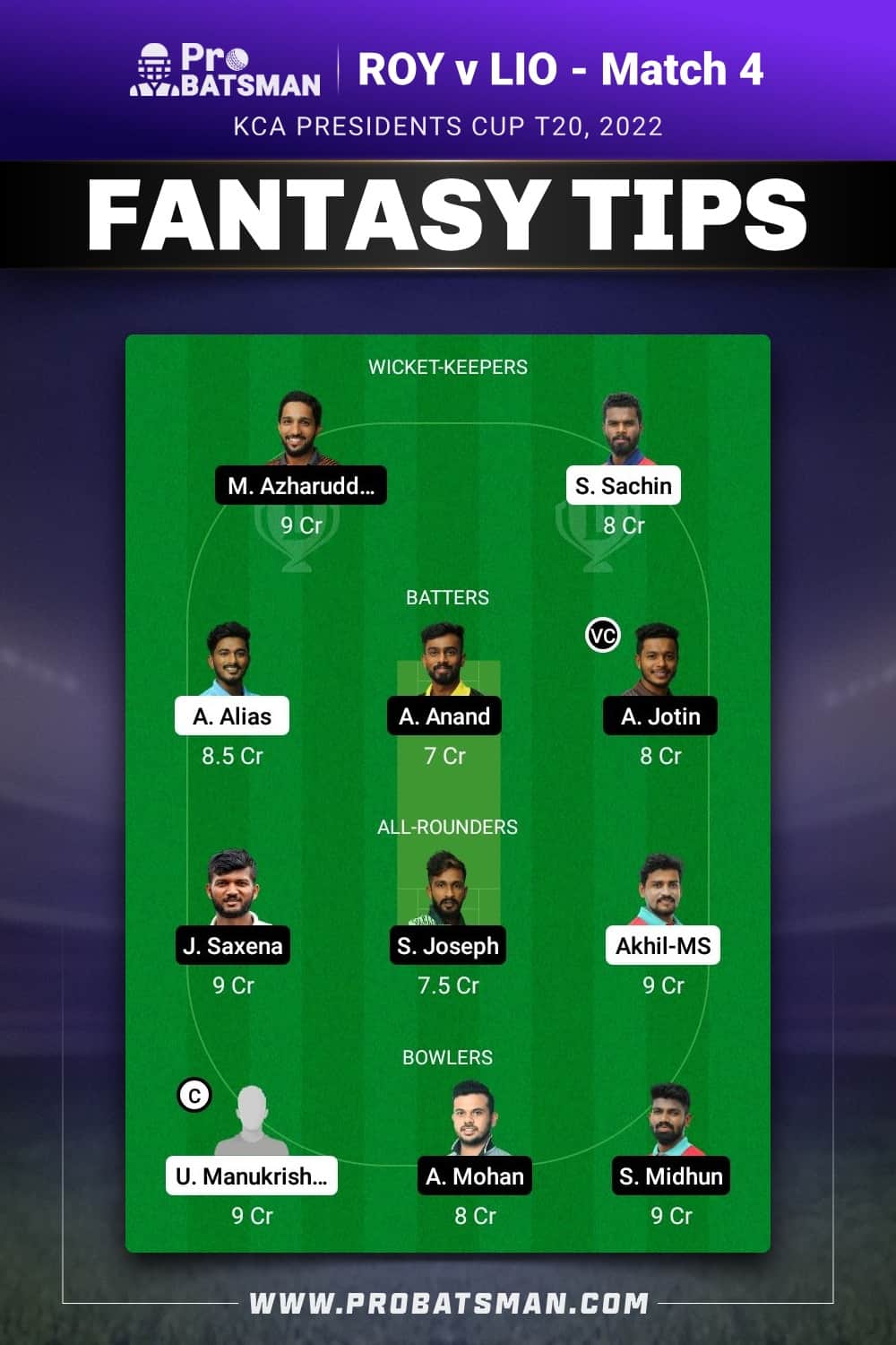 ROY vs LIO Dream11 Prediction - Fantasy Team 2