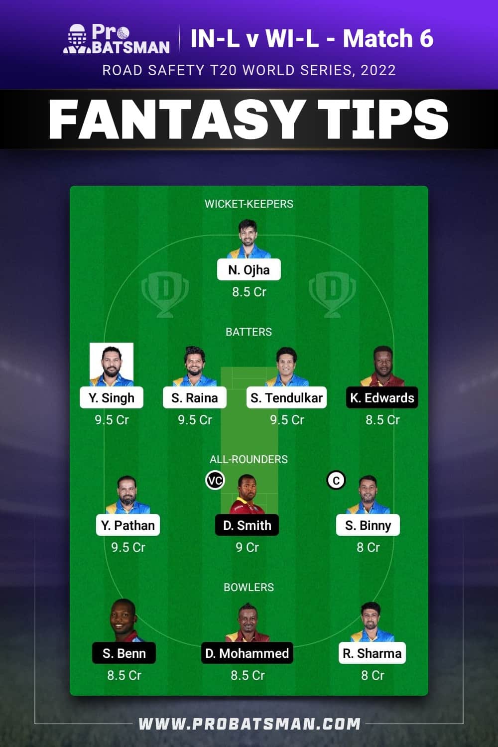 IN-L vs WI-L Dream11 Prediction - Fantasy Team 1