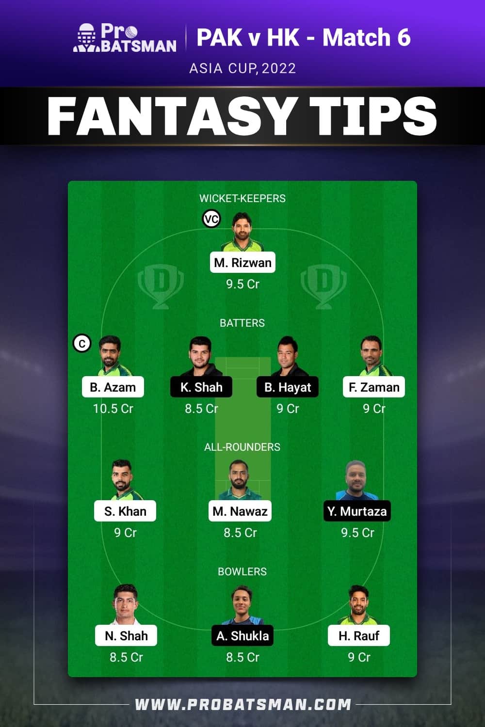 PAK vs HK Dream11 Prediction - Fantasy Team 1