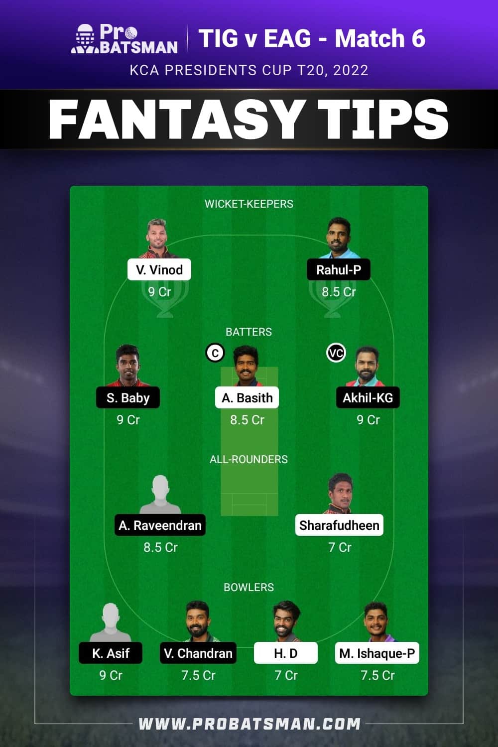 TIG vs EAG Dream11 Prediction - Fantasy Team 1