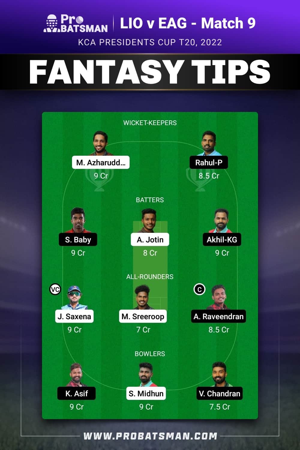 LIO vs EAG Dream11 Prediction - Fantasy Team 1