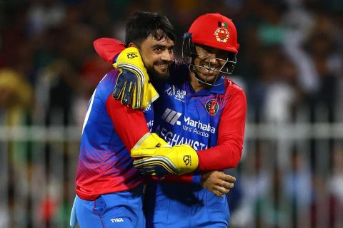 Rashid Khan and Rahmanullah Gurbaz of Afghanistan Cricket Team during Asia Cup 2022 Match