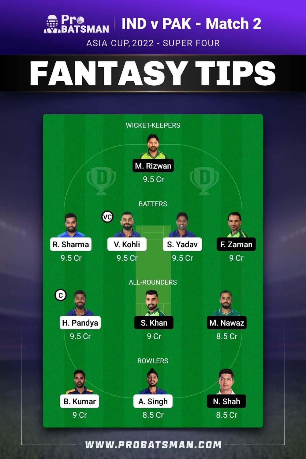 IND vs PAK Dream11 Prediction - Fantasy Team 1