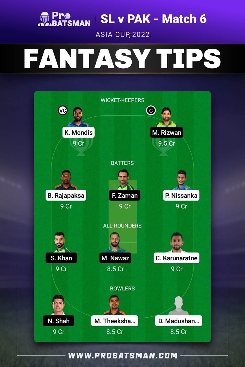 SL vs PAK Dream11 Prediction - Fantasy Team 1