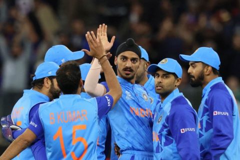 Arshdeep Singh of India celebrates with teammates