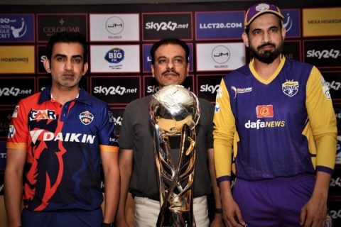 Gautam Gambhir and Irfan Pathan of India Cpitals and Bhilwara Kings Poses For the Final Of Legends League T20 2022