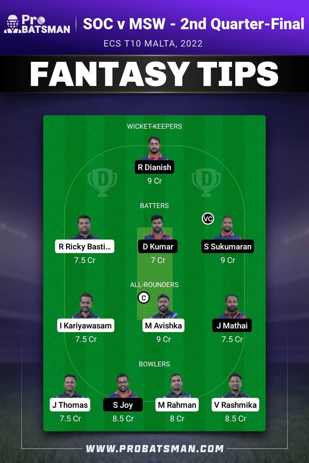 SOC vs MSW Dream11 Prediction - Fantasy Team 1