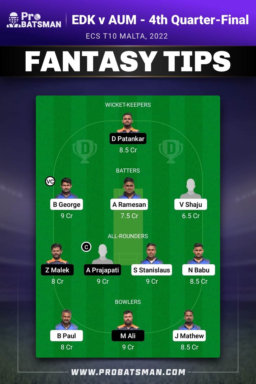 EDK vs AUM Dream11 Prediction - Fantasy Team 2