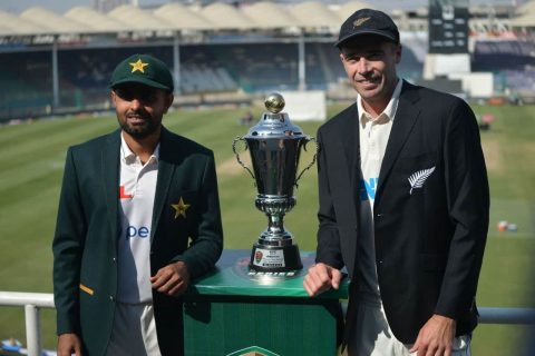 Babar Azam of Pakistan and Tim Southee of New Zealand with Trophy for New Zealand tour of Pakistan 2022-23