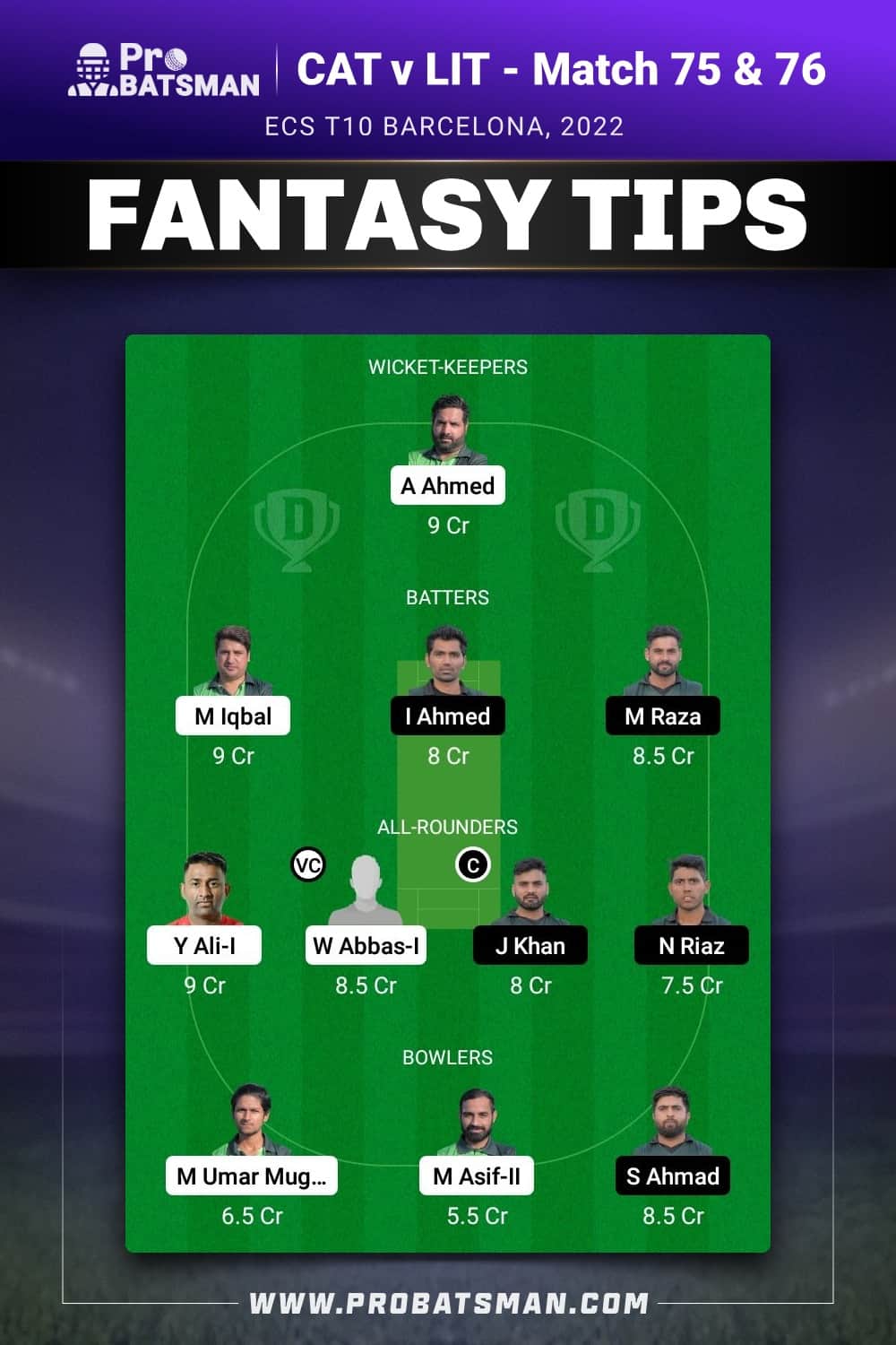 CAT vs LIT Dream11 Prediction - Fantasy Team 1