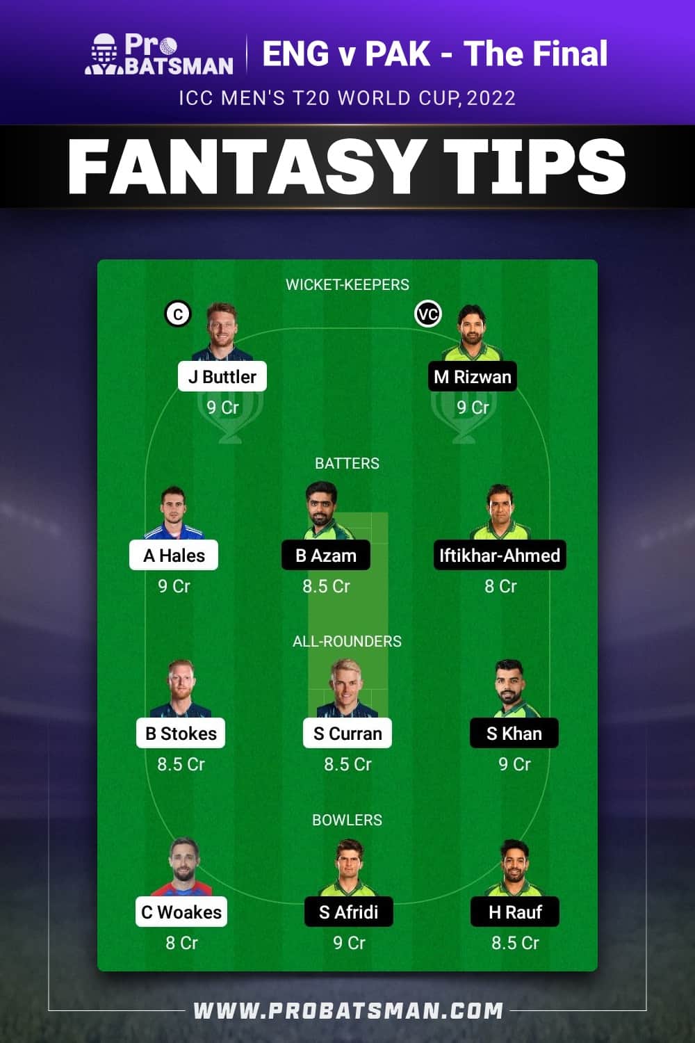 ENG vs PAK Dream11 Prediction - Fantasy Team 1 for The Final