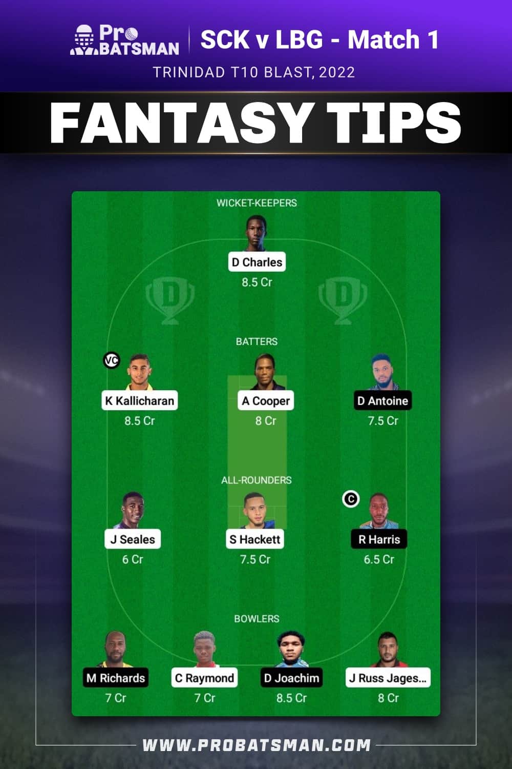 SCK vs LBG Dream11 Prediction - Fantasy Team 1