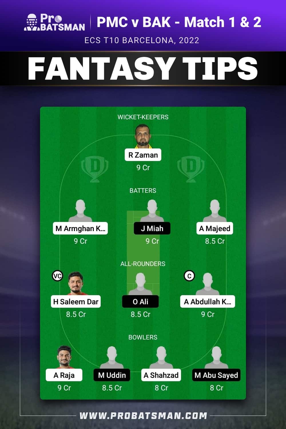 PMC vs BAK Dream11 Prediction - Fantasy Team 1