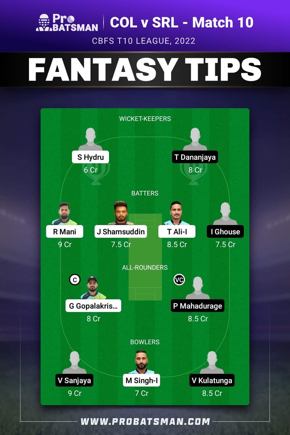 COL vs SRL Dream11 Prediction  - Fantasy Team 1