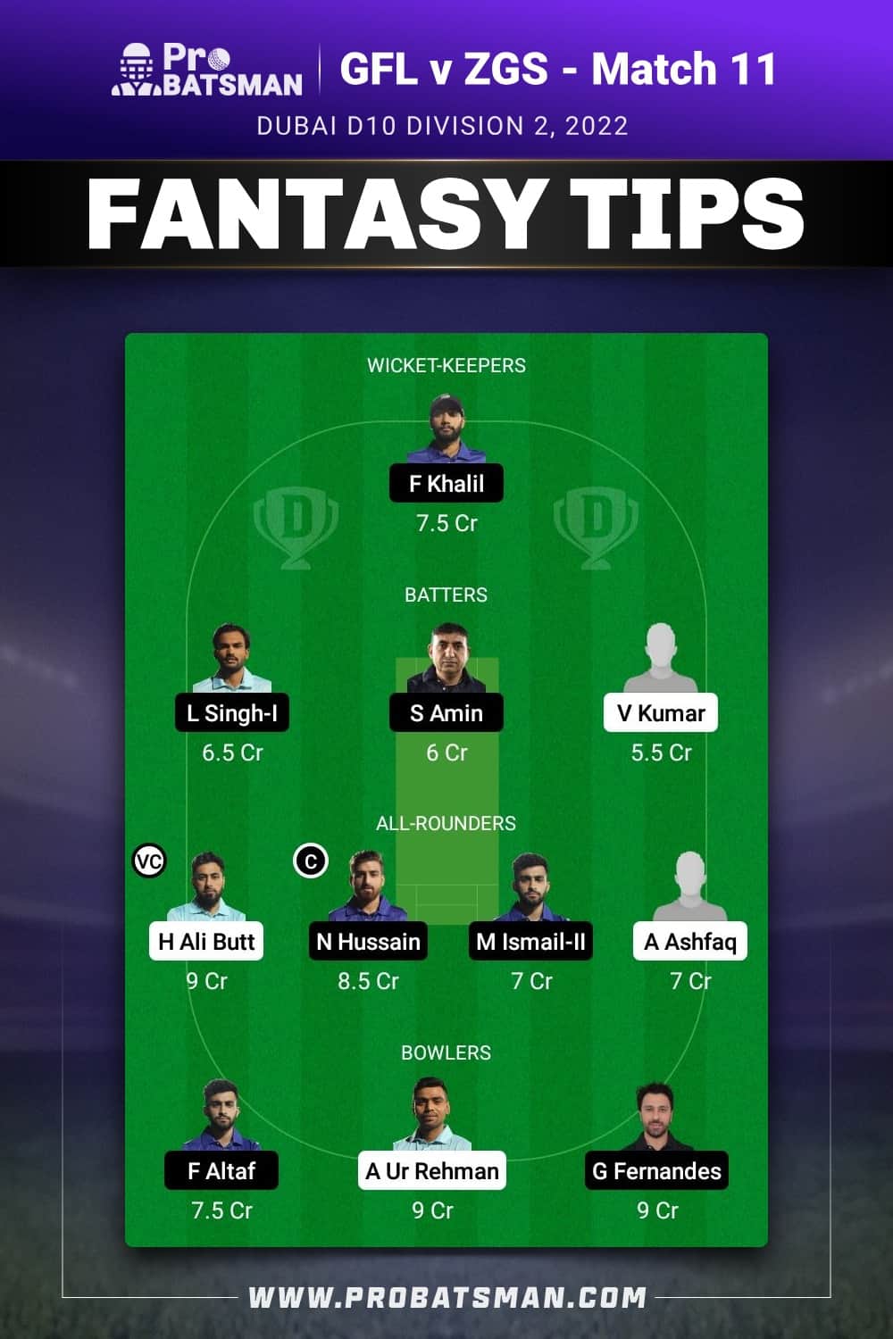 GFL vs ZGS Dream11 Prediction - Fantasy Team 1